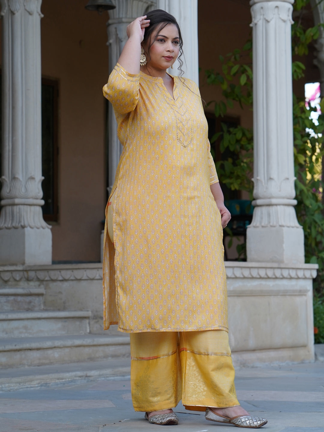 Yellow Printed Rayon Slub Kurta With Palazzo