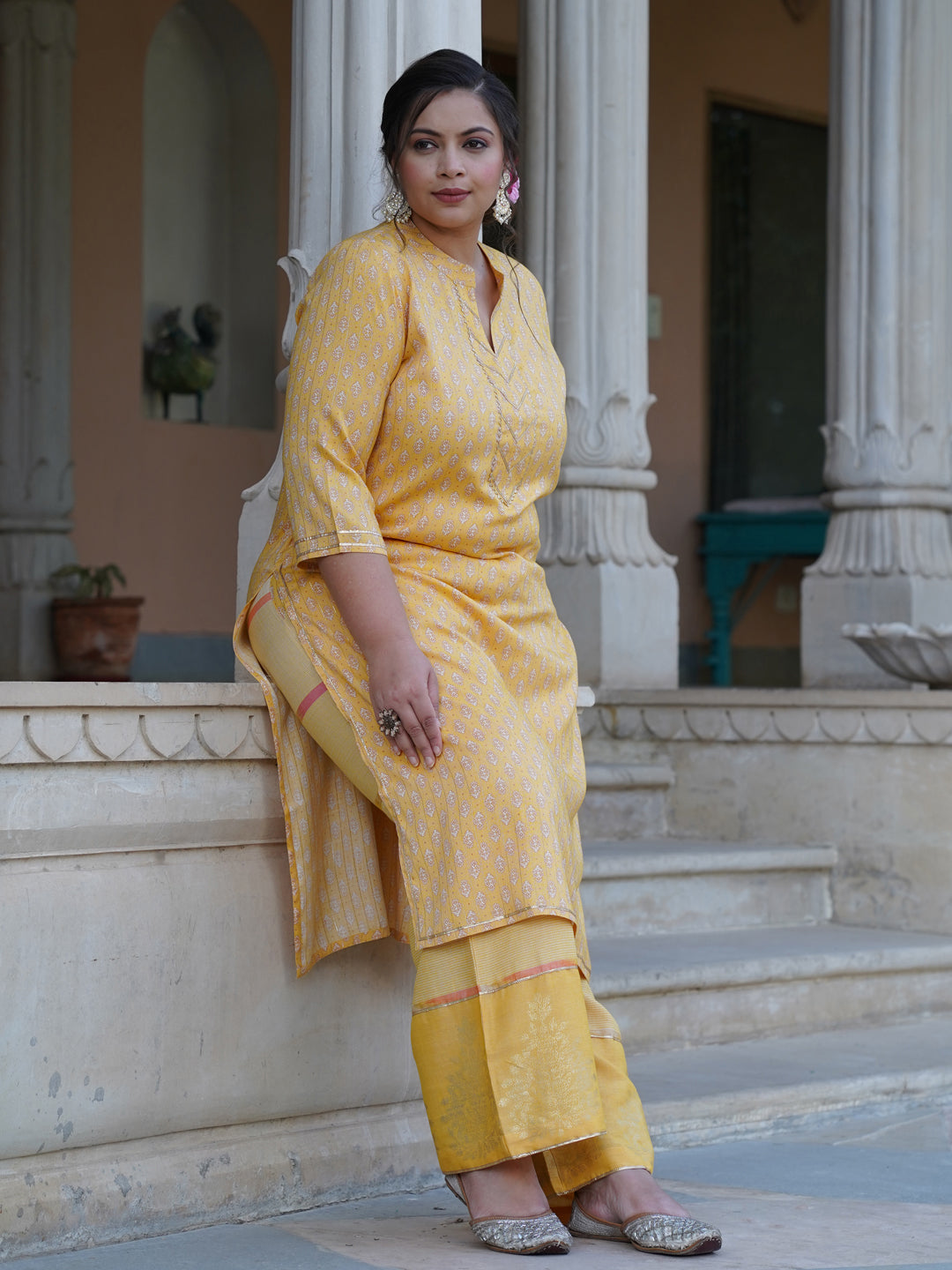 Yellow Printed Rayon Slub Kurta With Palazzo
