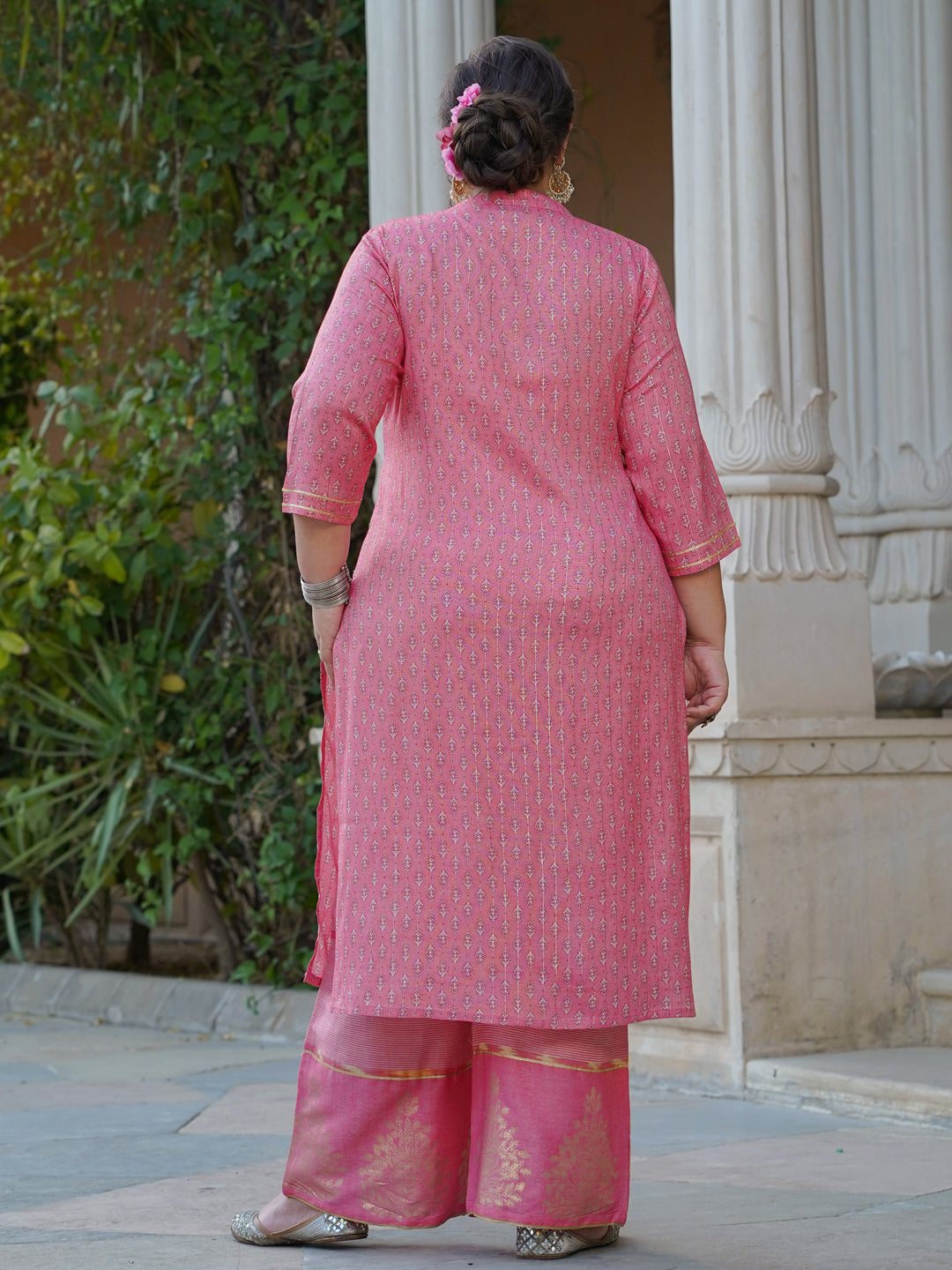 Pink Printed Rayon Slub Kurta With Palazzo