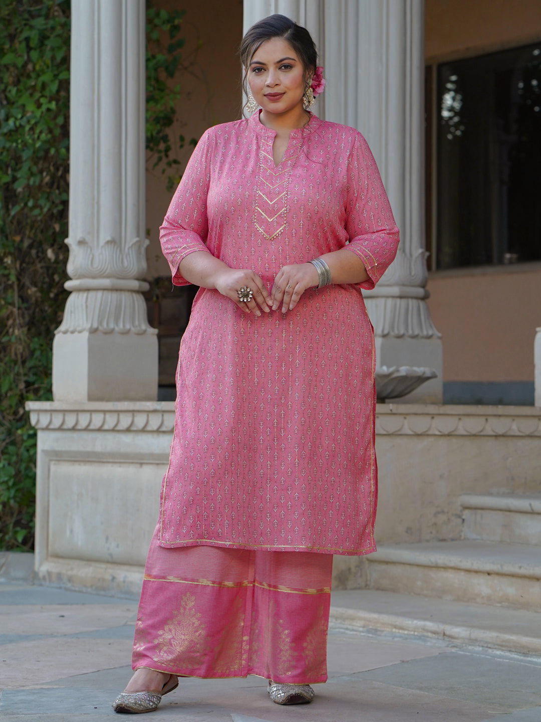 Pink Printed Rayon Slub Kurta With Palazzo