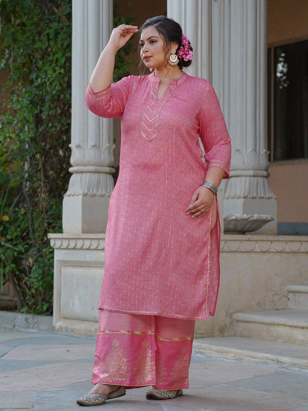 Pink Printed Rayon Slub Kurta With Palazzo