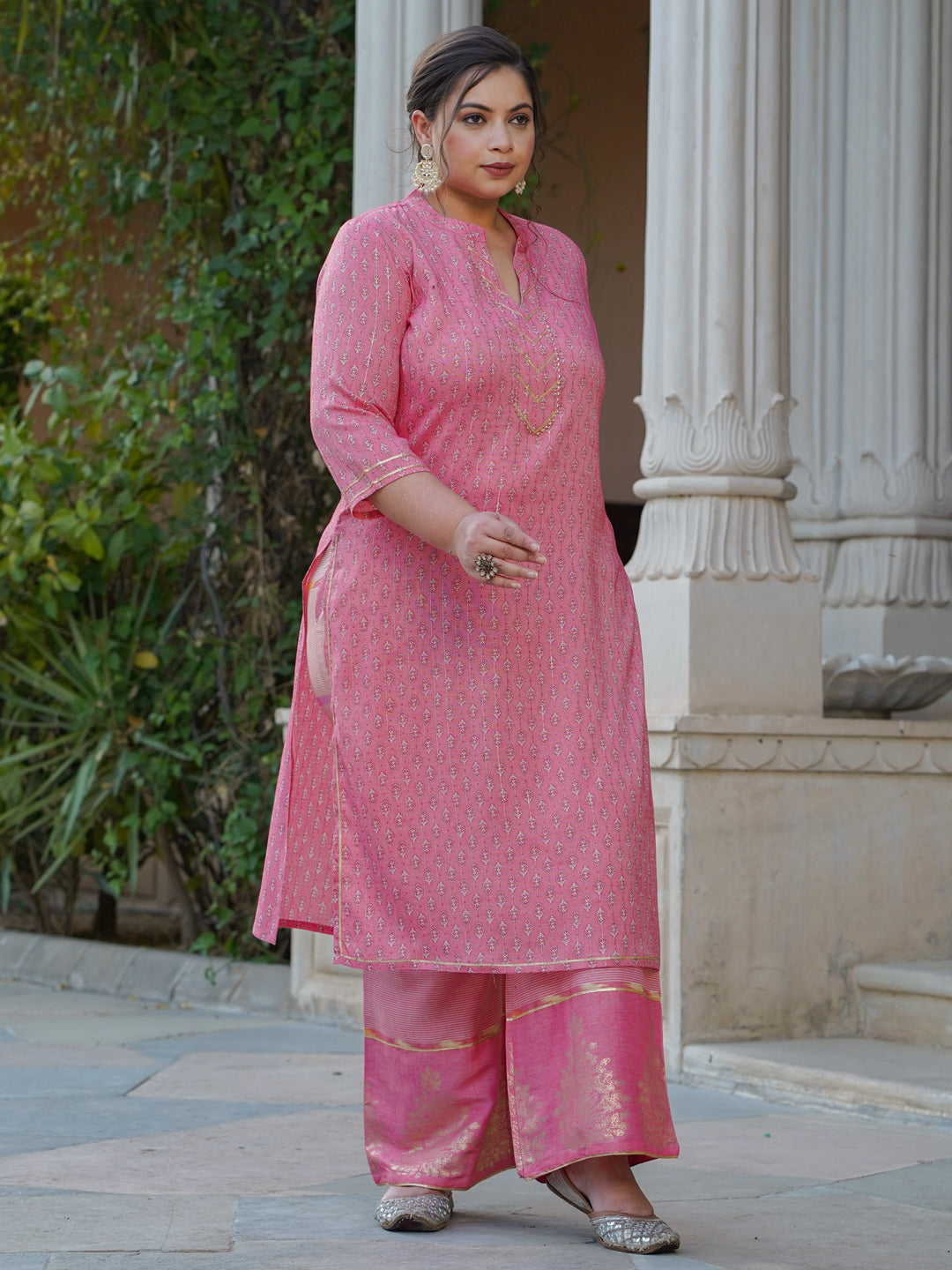 Pink Printed Rayon Slub Kurta With Palazzo