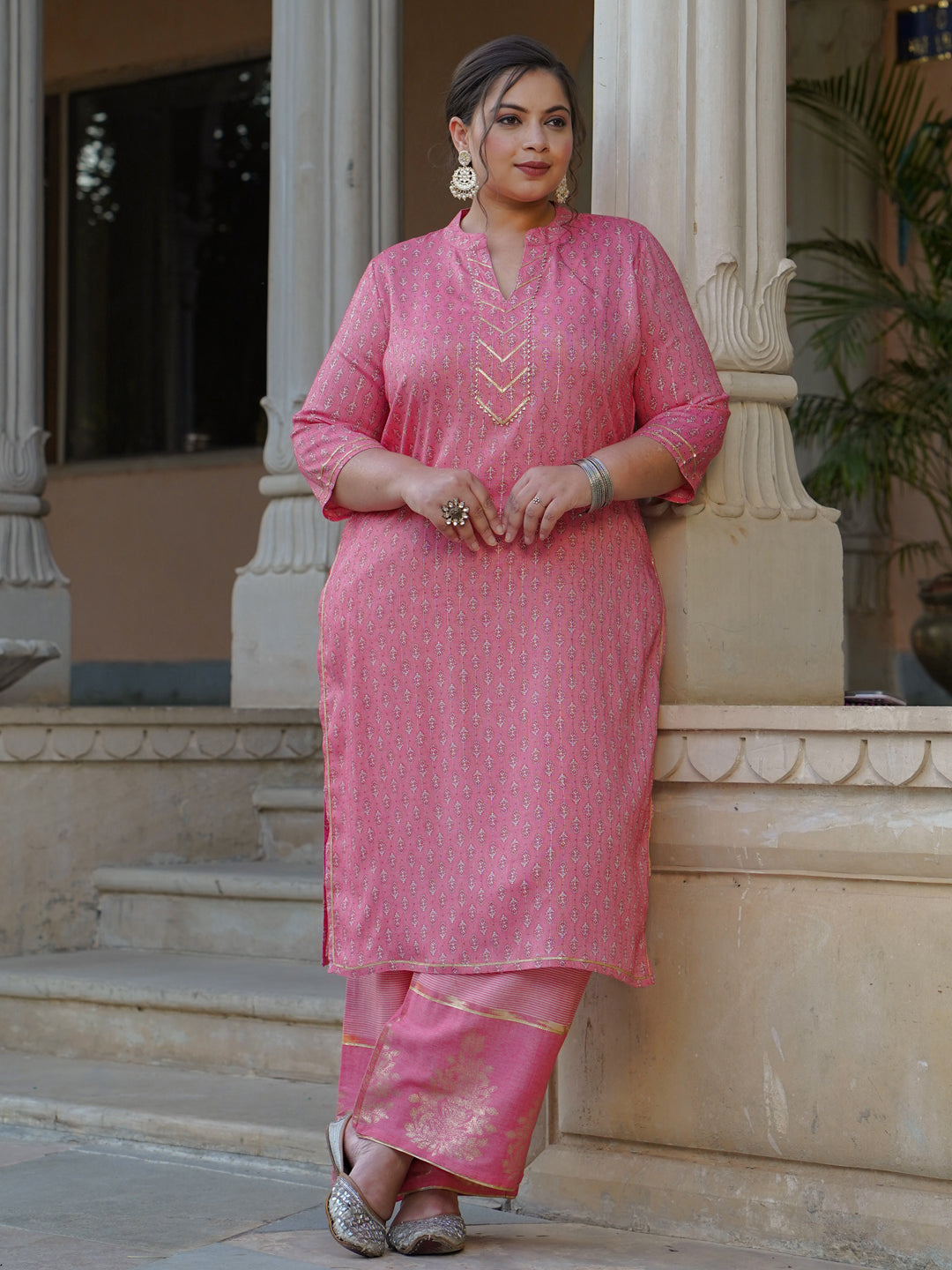 Pink Printed Rayon Slub Kurta With Palazzo
