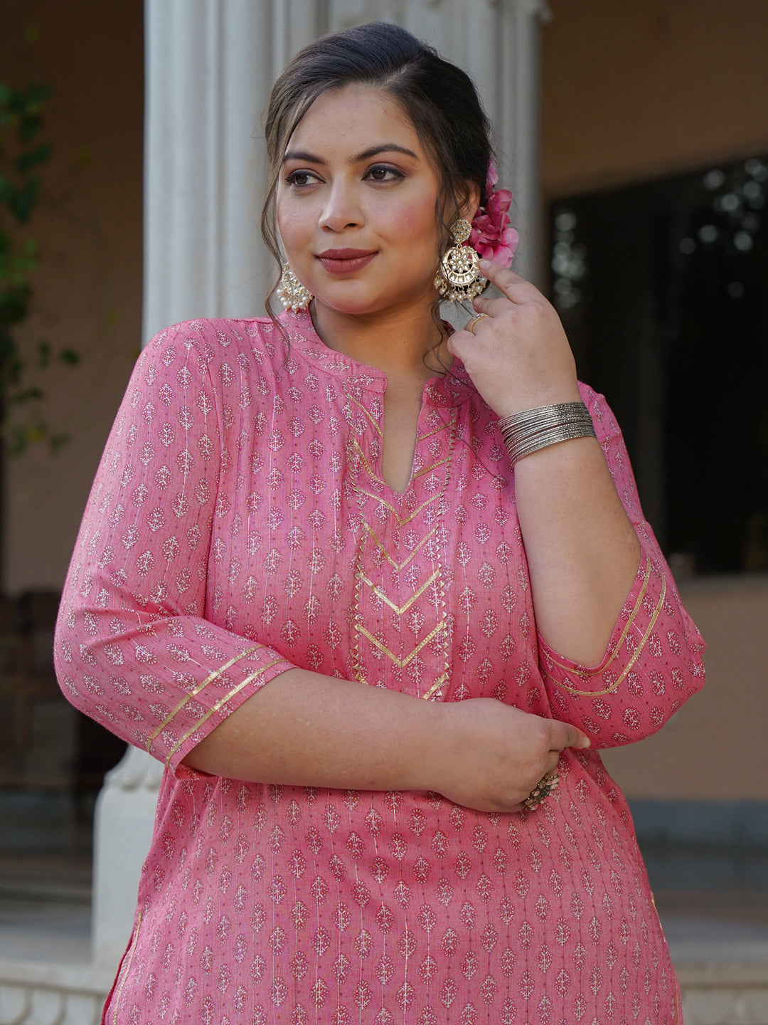Pink Printed Rayon Slub Kurta With Palazzo