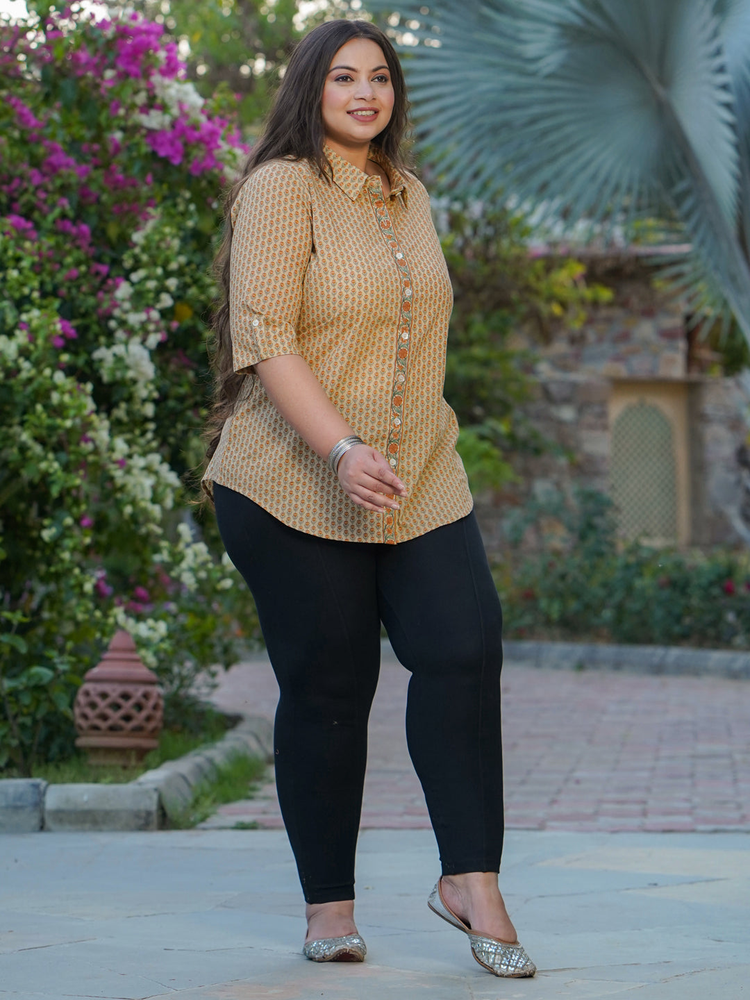 Plus Size Yellow Ethnic Floral Printed Cotton Shirt