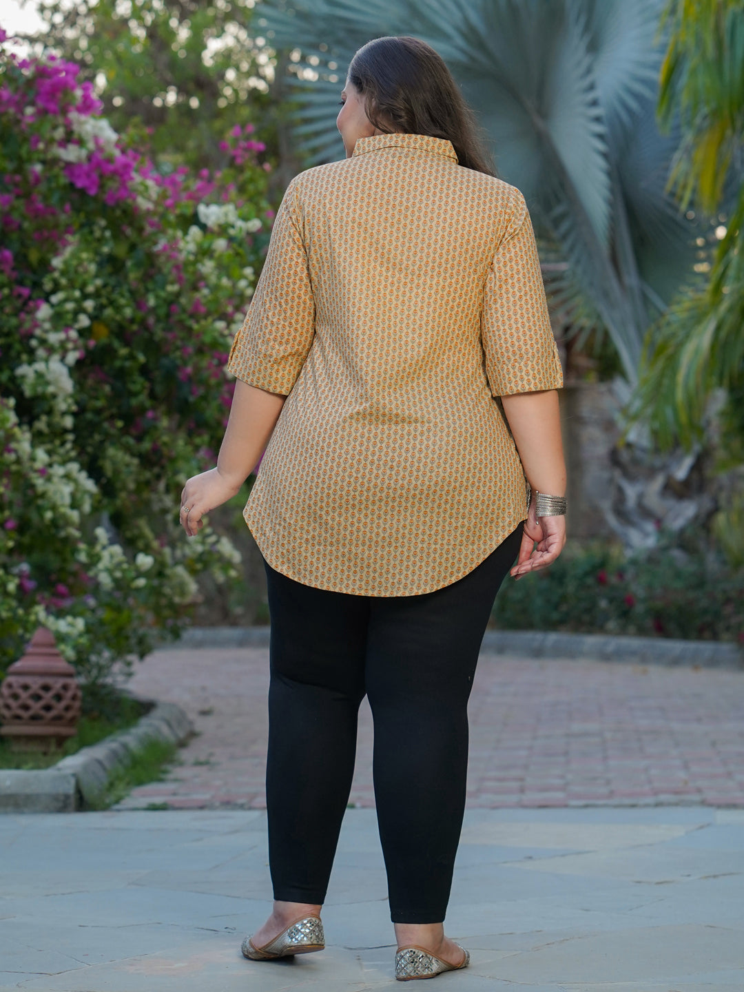 Plus Size Yellow Ethnic Floral Printed Cotton Shirt