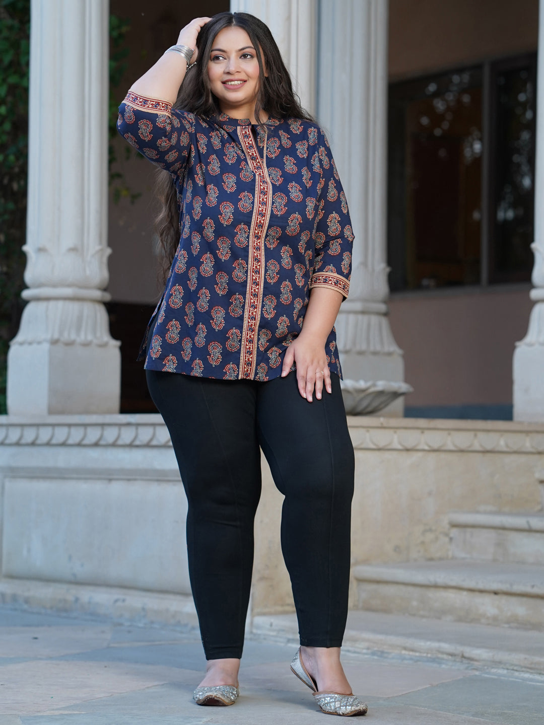 Plus Size Indigo Blue Ethnic Floral Printed Cotton Short Kurta