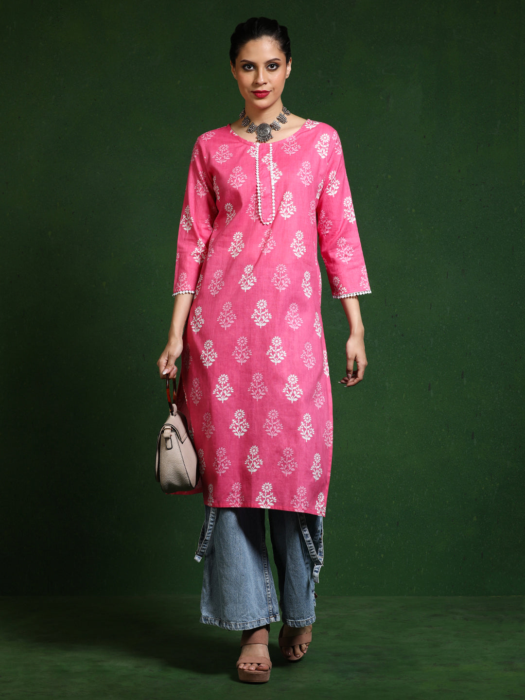Floral Embroidered Straight Pure Cotton Kurta
