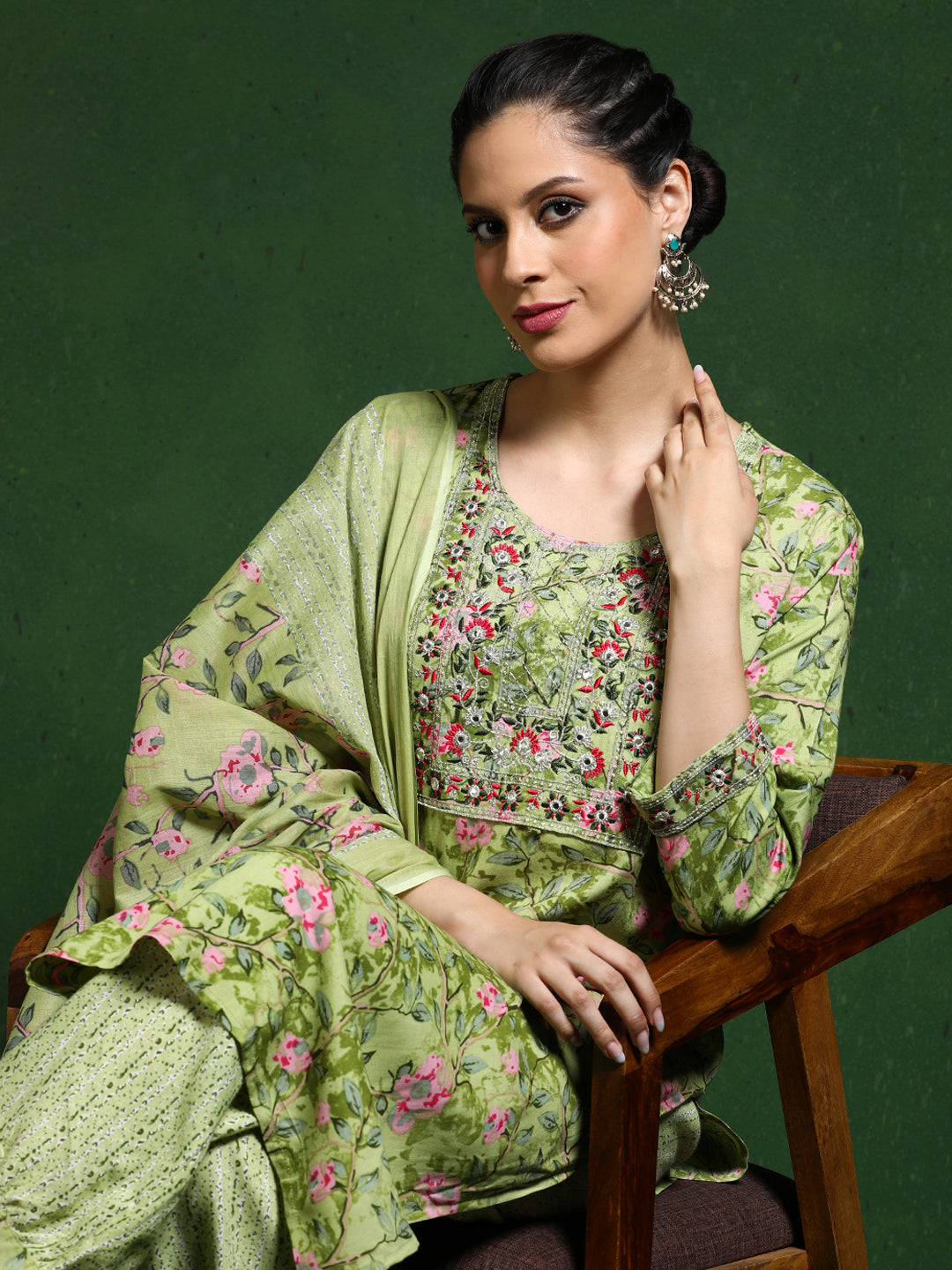 Floral Embroidered Straight Kurta & Trousers Sets