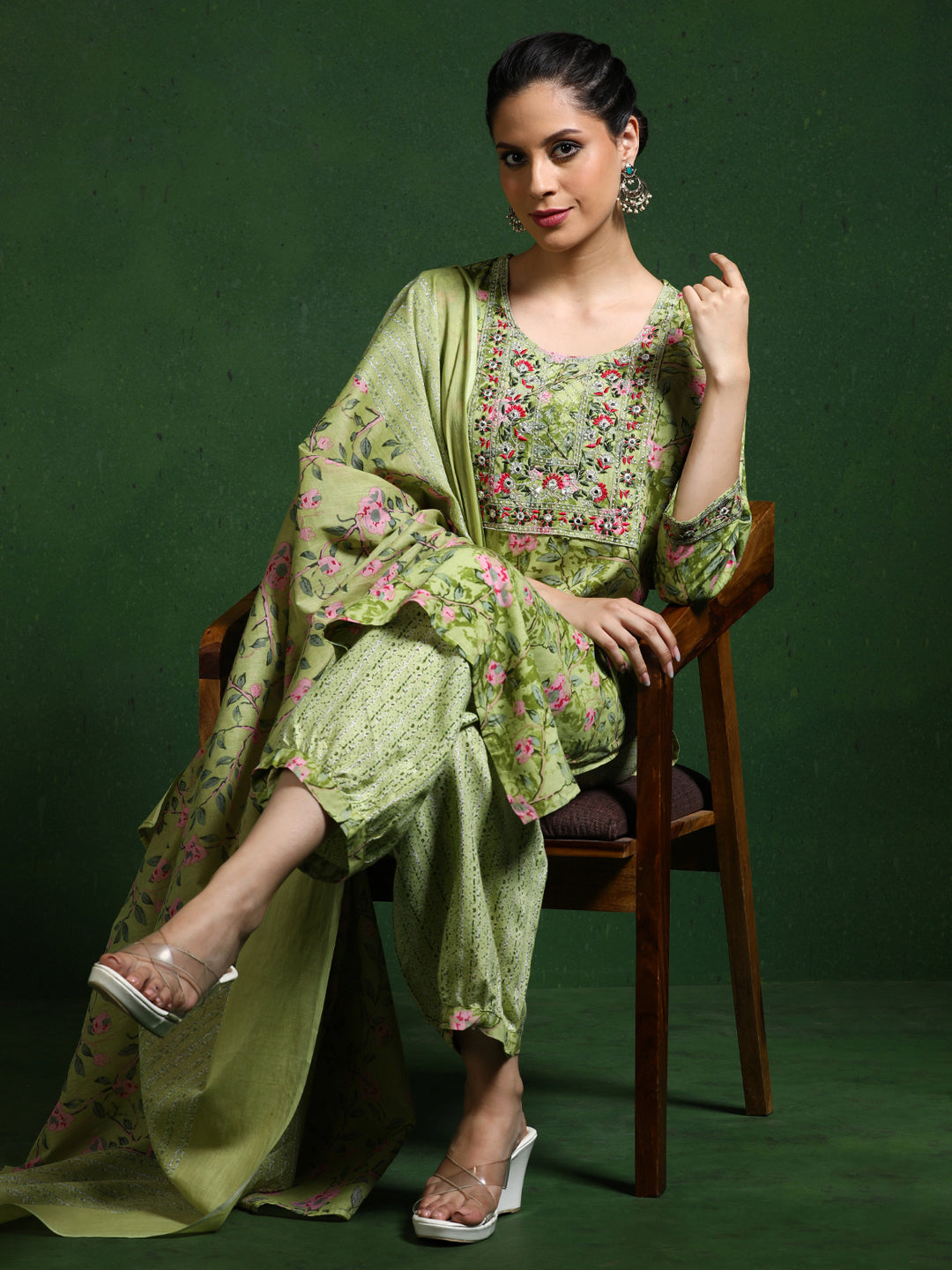 Floral Embroidered Straight Kurta & Trousers Sets