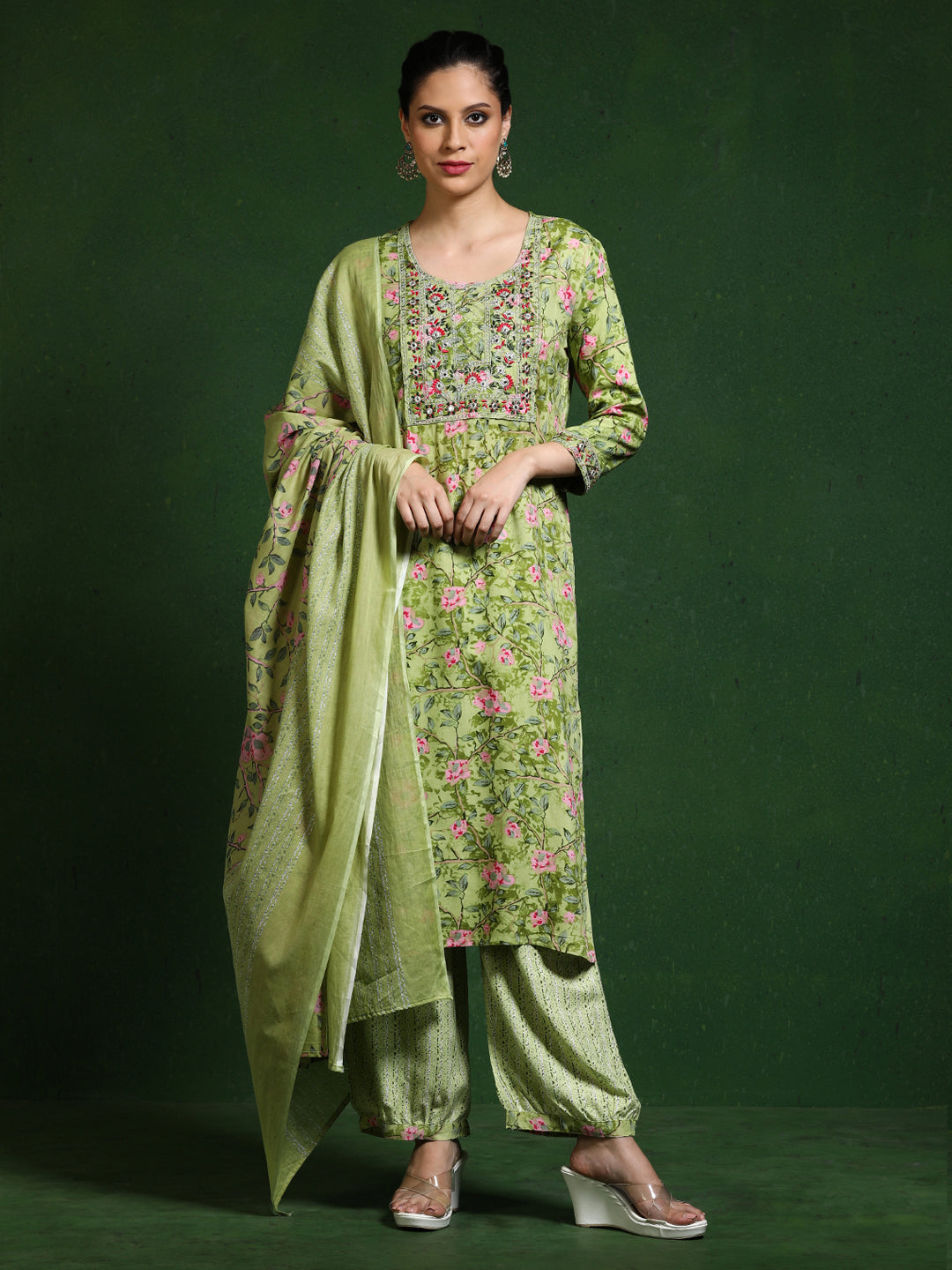 Floral Embroidered Straight Kurta & Trousers Sets