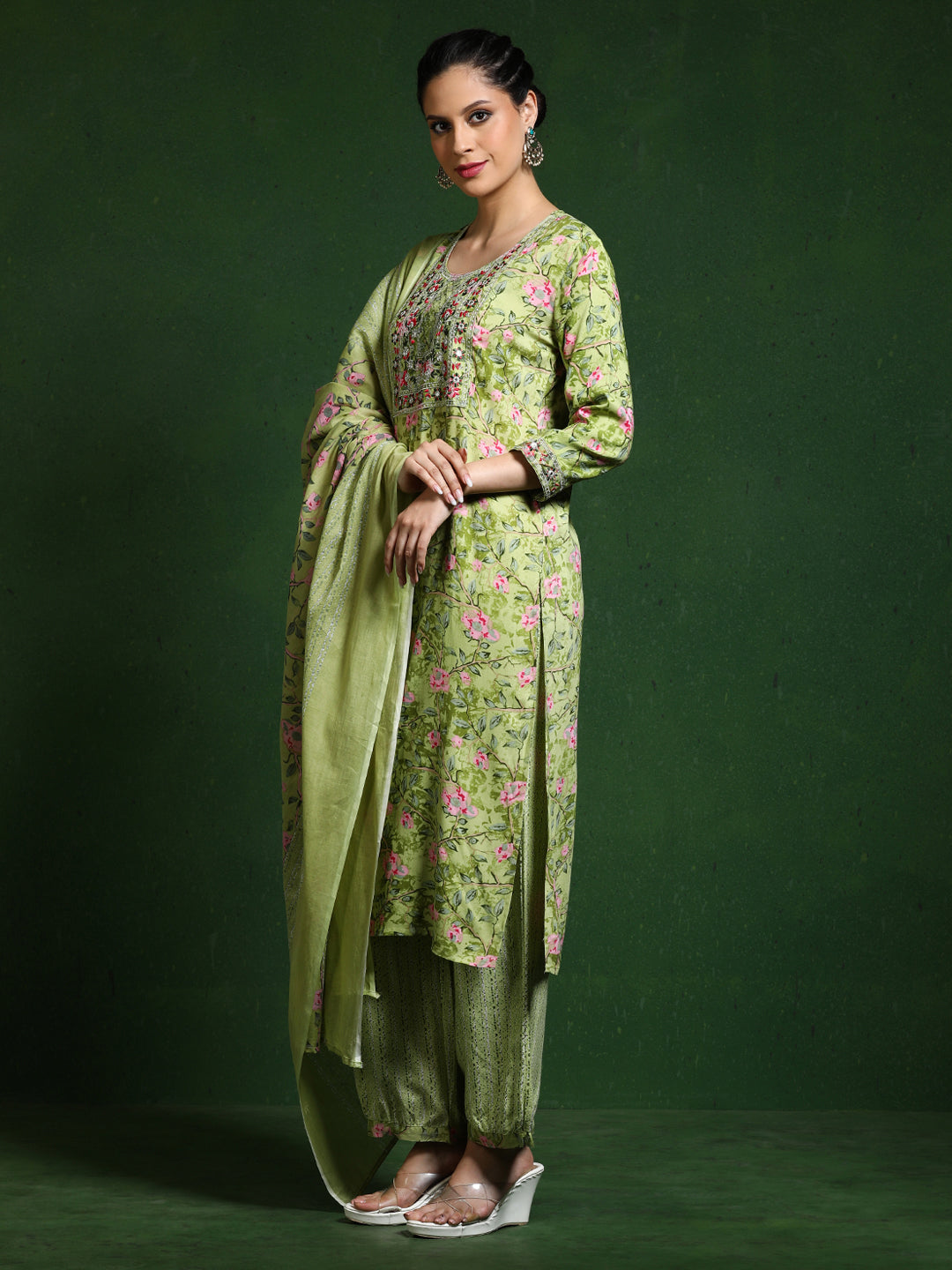 Floral Embroidered Straight Kurta & Trousers Sets