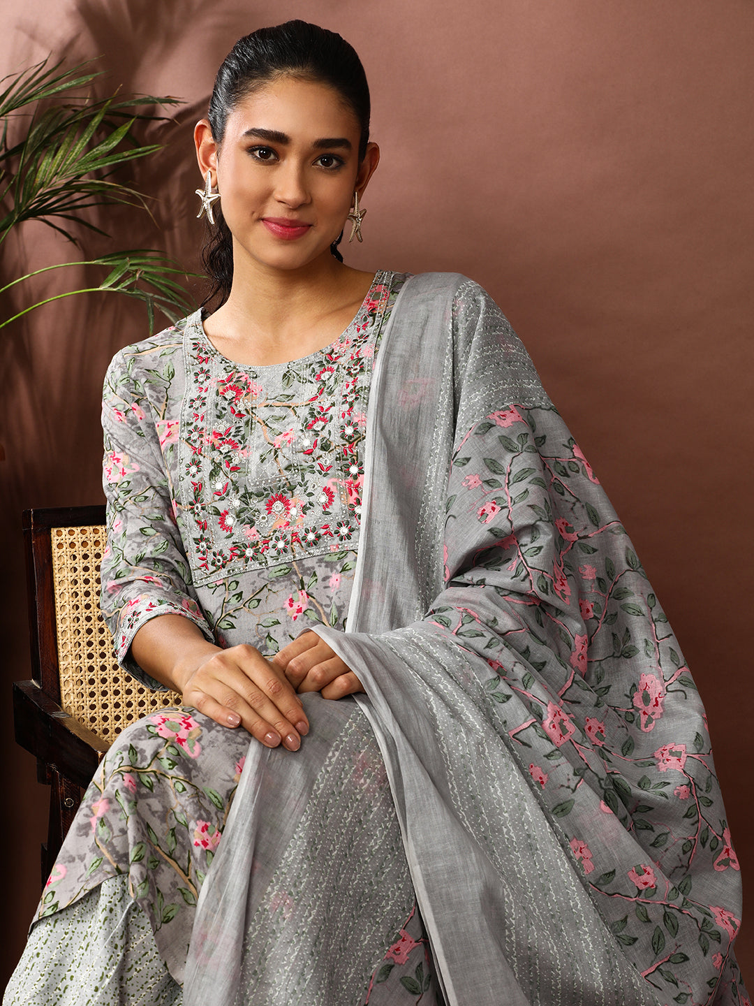 Floral Embroidered Straight Kurta & Palazzos Sets