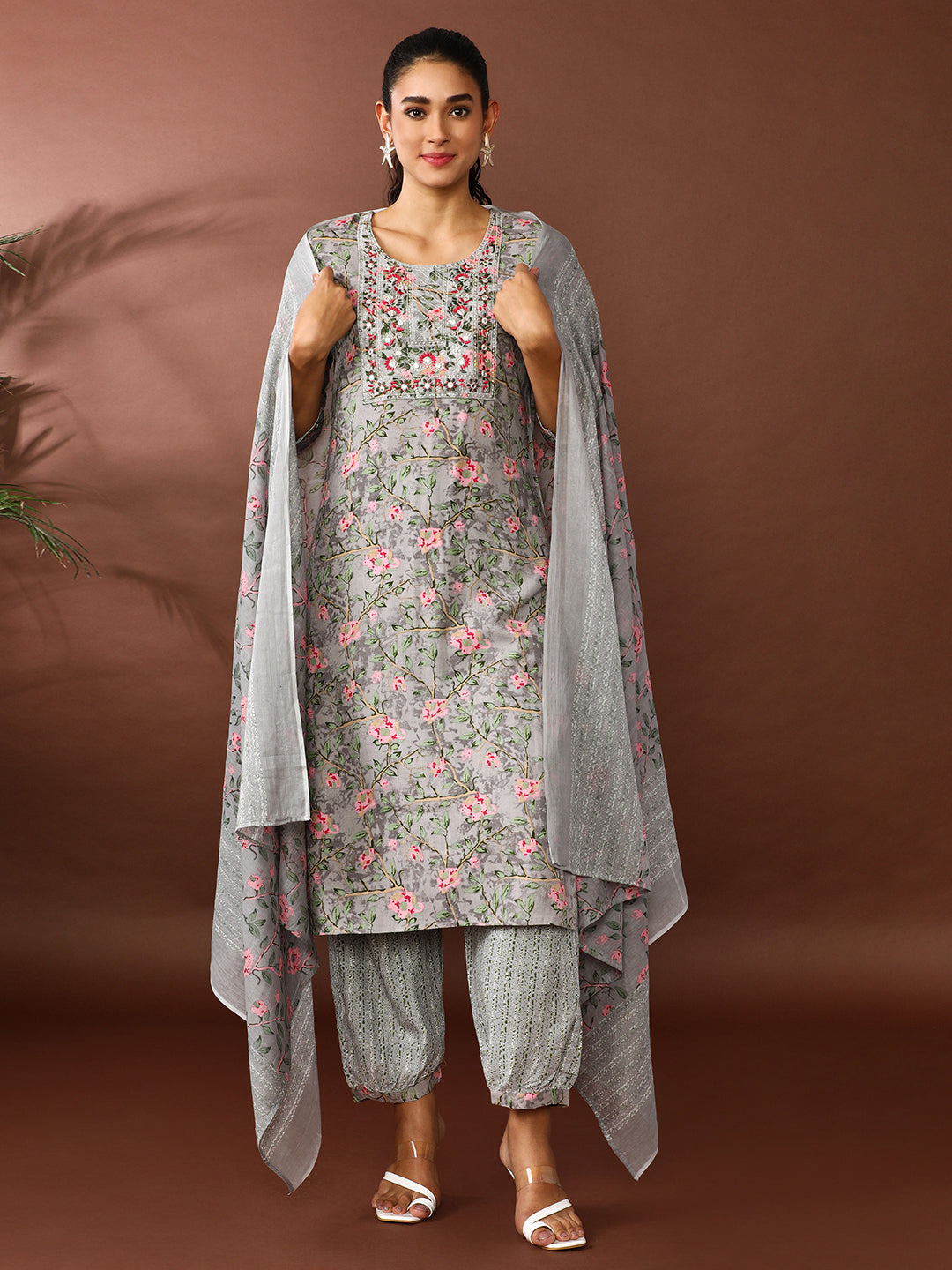 Floral Embroidered Straight Kurta & Palazzos Sets