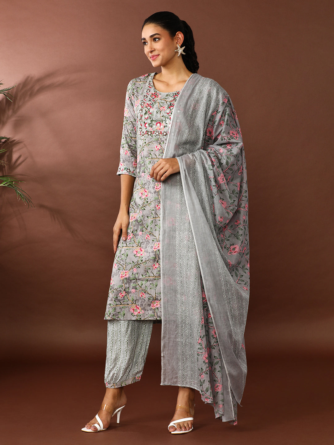 Floral Embroidered Straight Kurta & Palazzos Sets