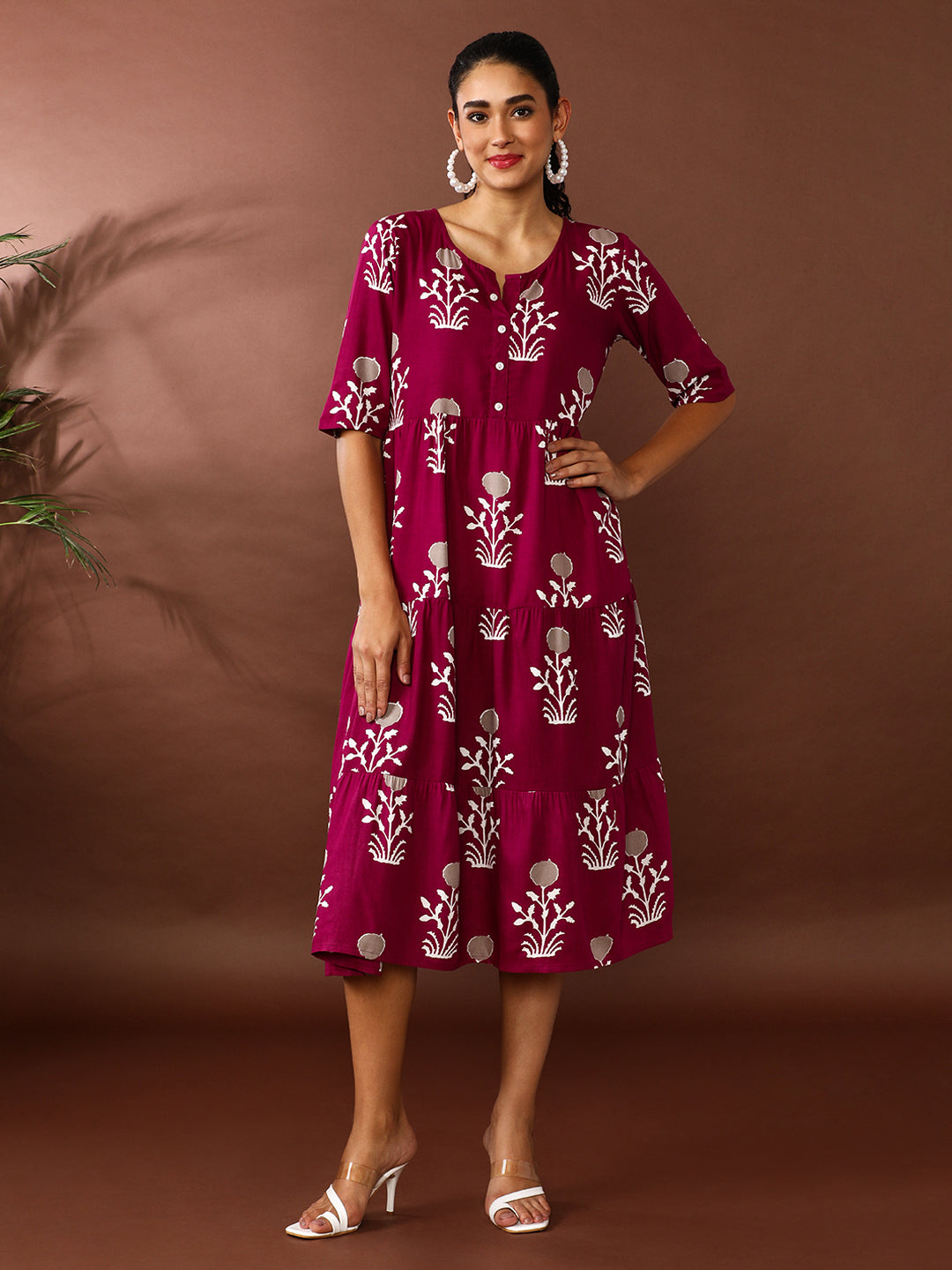 Floral Printed A-Line Tiered Ethnic Dress