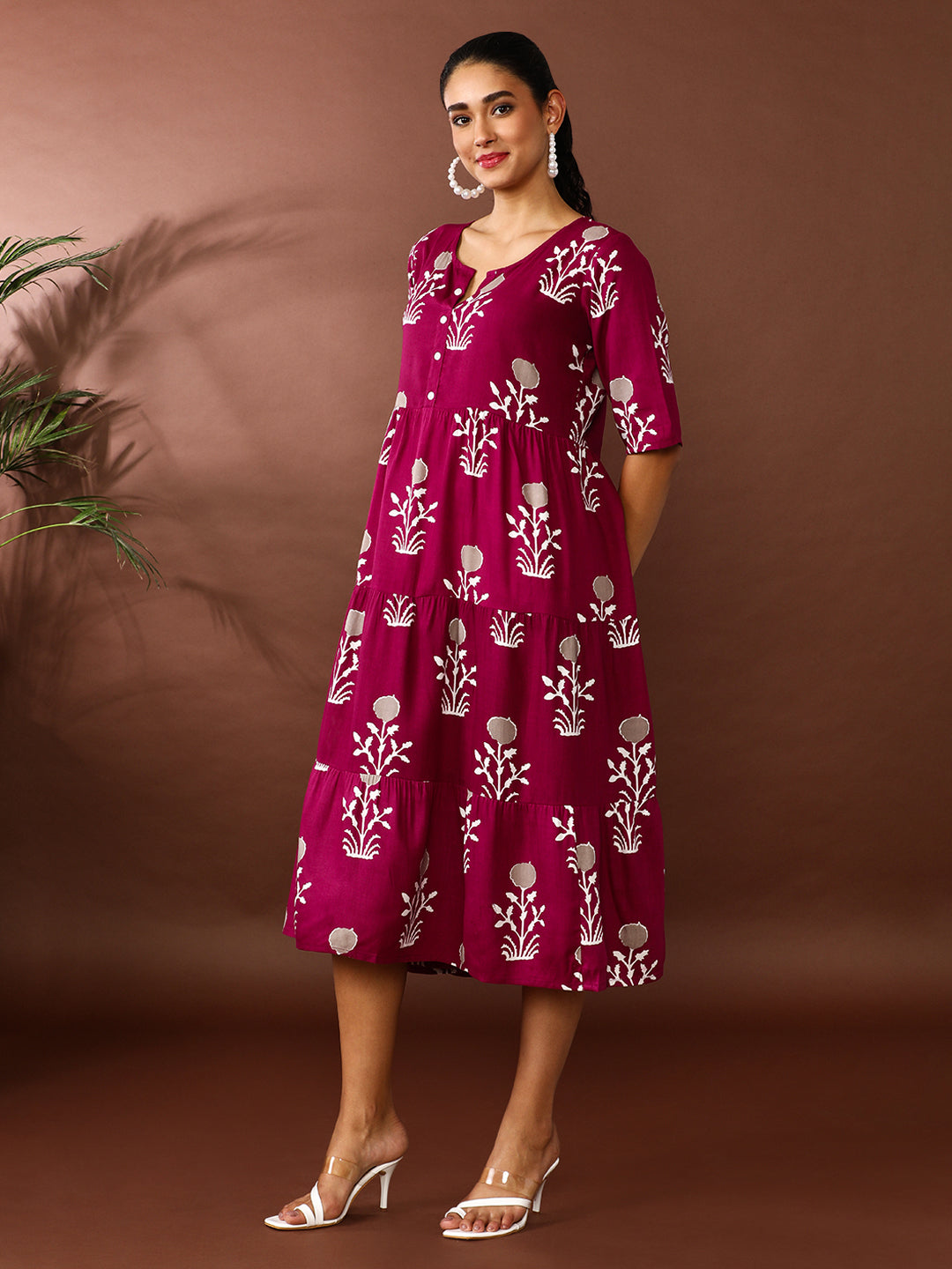 Floral Printed A-Line Tiered Ethnic Dress