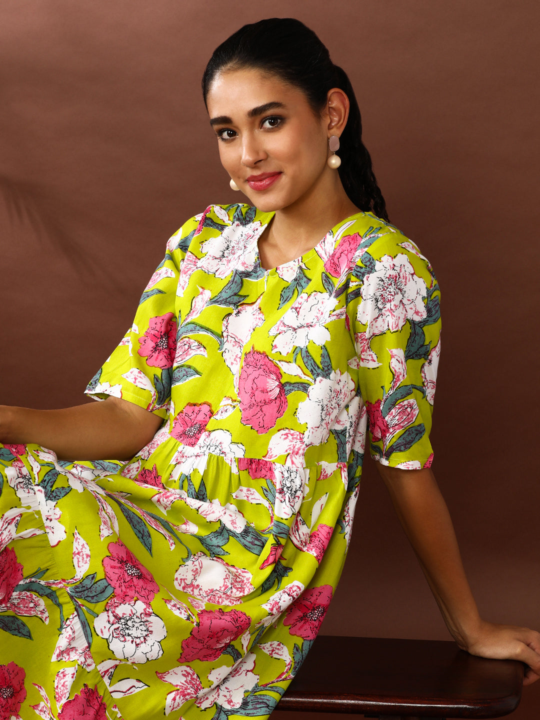 Floral Printed A-Line Tiered Ethnic Dress