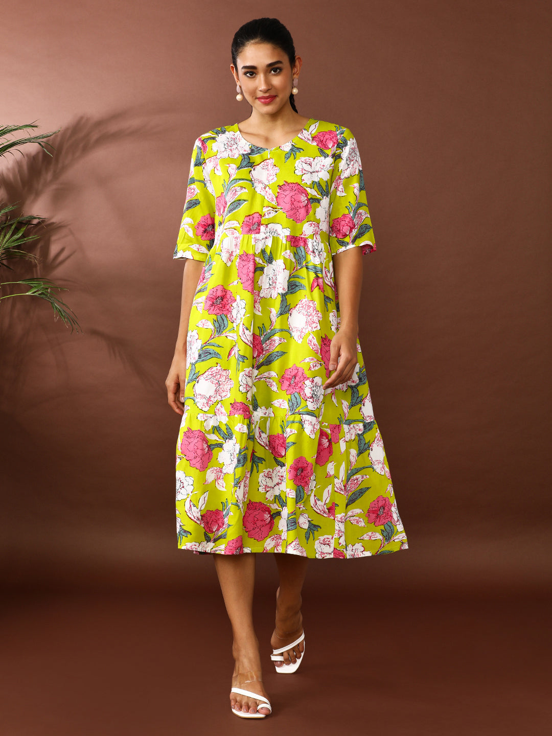 Floral Printed A-Line Tiered Ethnic Dress