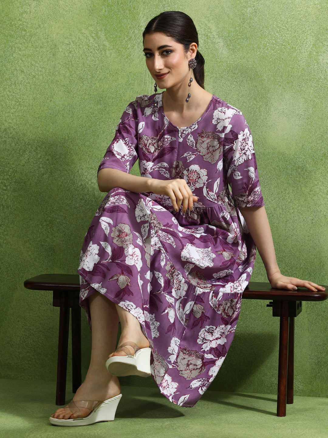 Floral Printed Tiered Ethnic Dress