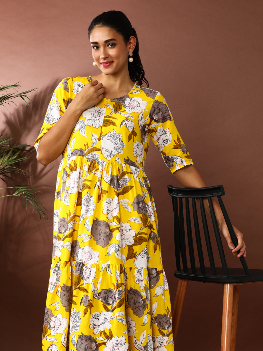 Floral Printed A-Line Tiered Ethnic Dress