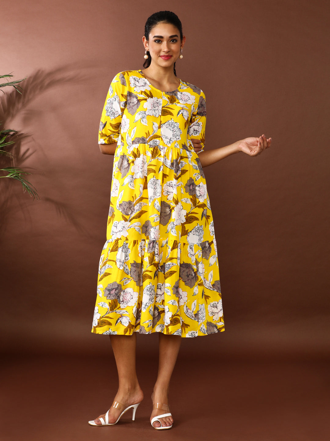 Floral Printed A-Line Tiered Ethnic Dress