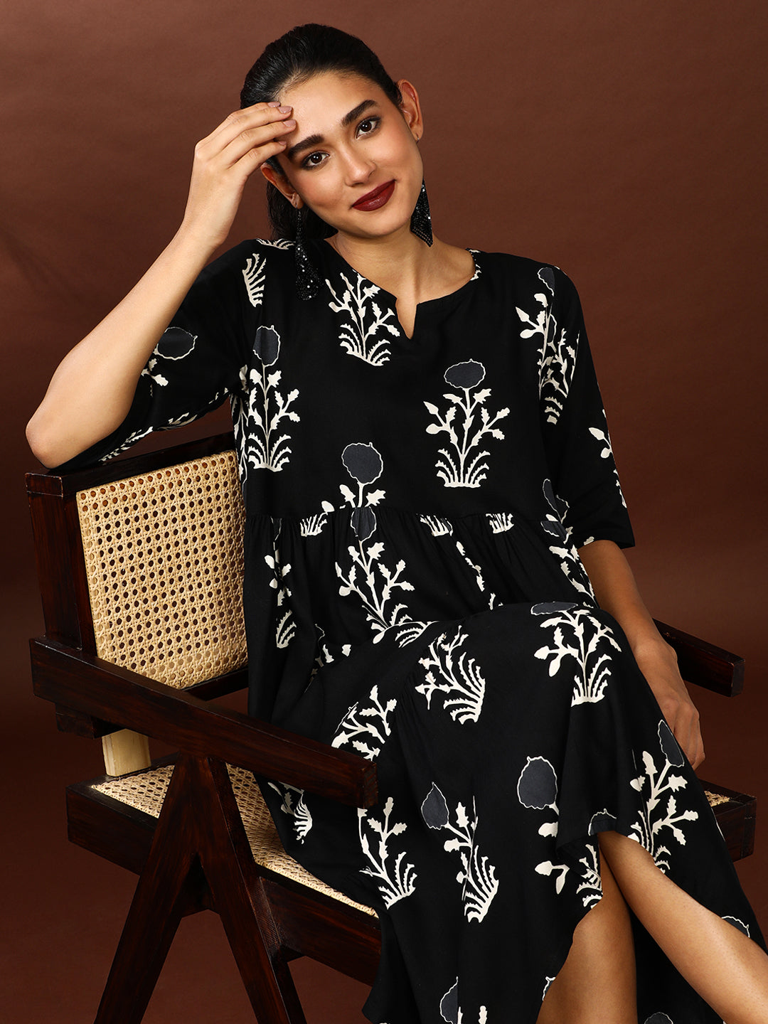 Floral Printed A-Line Tiered Ethnic Dress