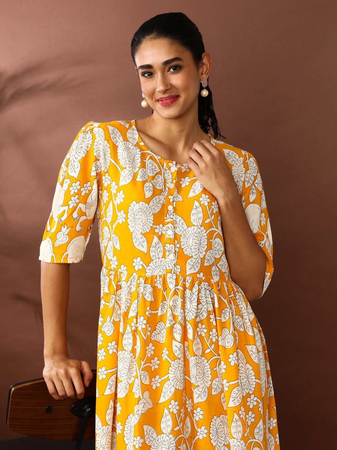 Floral Printed A-Line Panelled Ethnic Dress