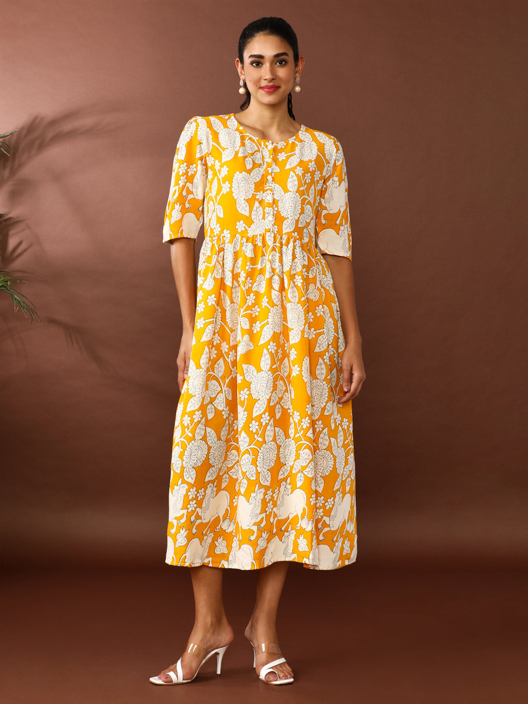 Floral Printed A-Line Panelled Ethnic Dress