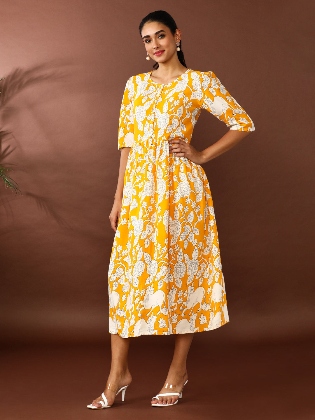 Floral Printed A-Line Panelled Ethnic Dress