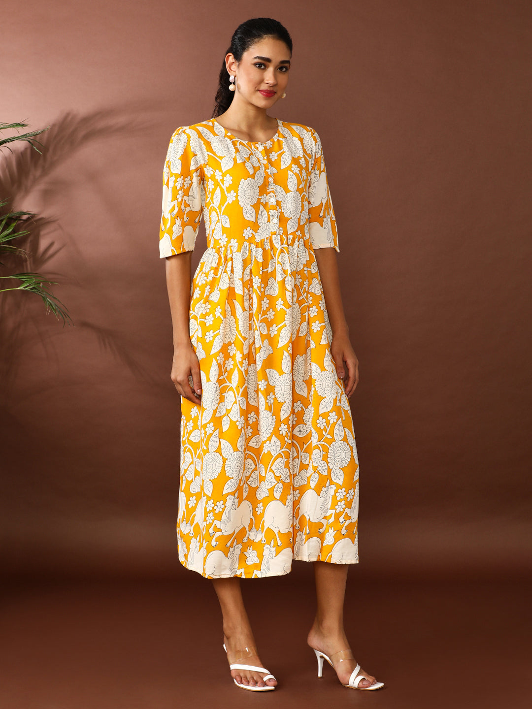 Floral Printed A-Line Panelled Ethnic Dress