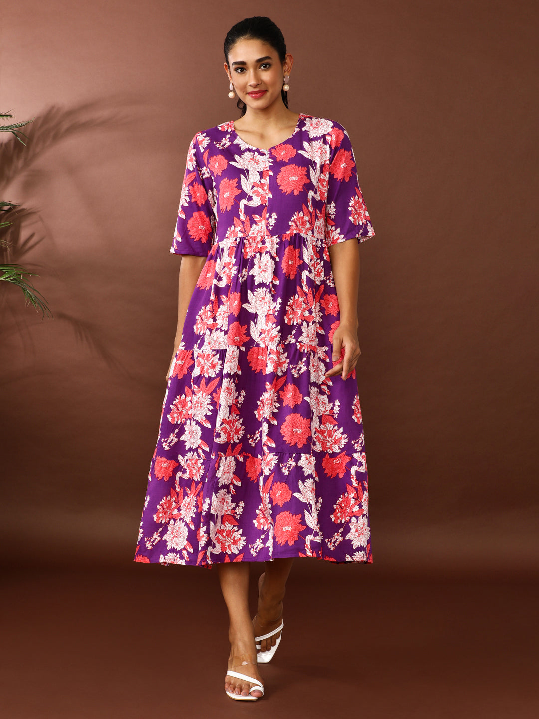 Floral Printed A-Line Tiered Ethnic Dress