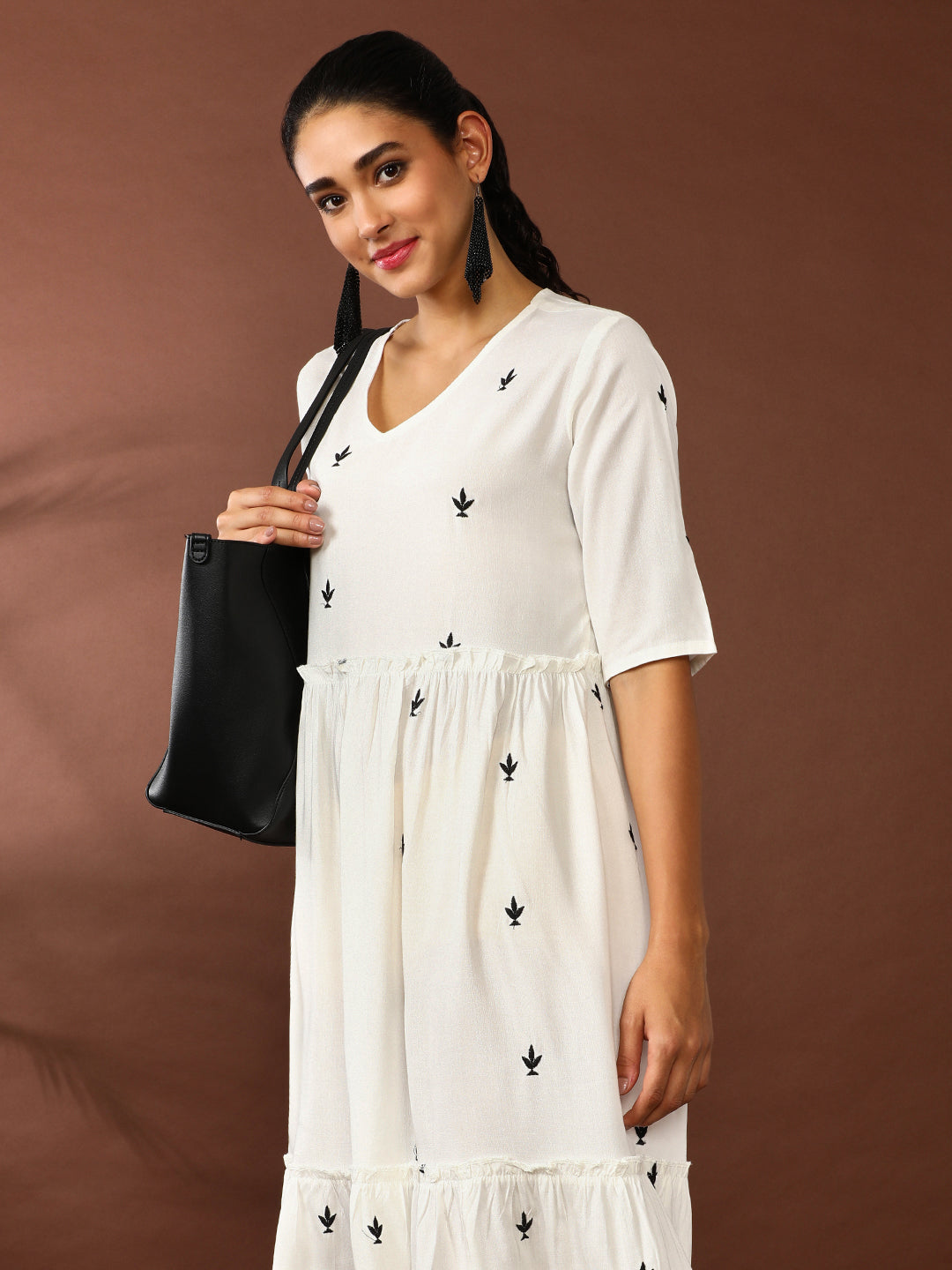 Floral Embroidered A-Line Tiered Ethnic Dress