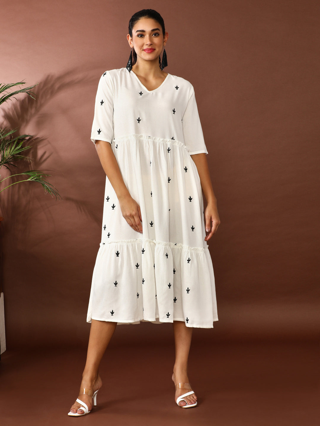 Floral Embroidered A-Line Tiered Ethnic Dress