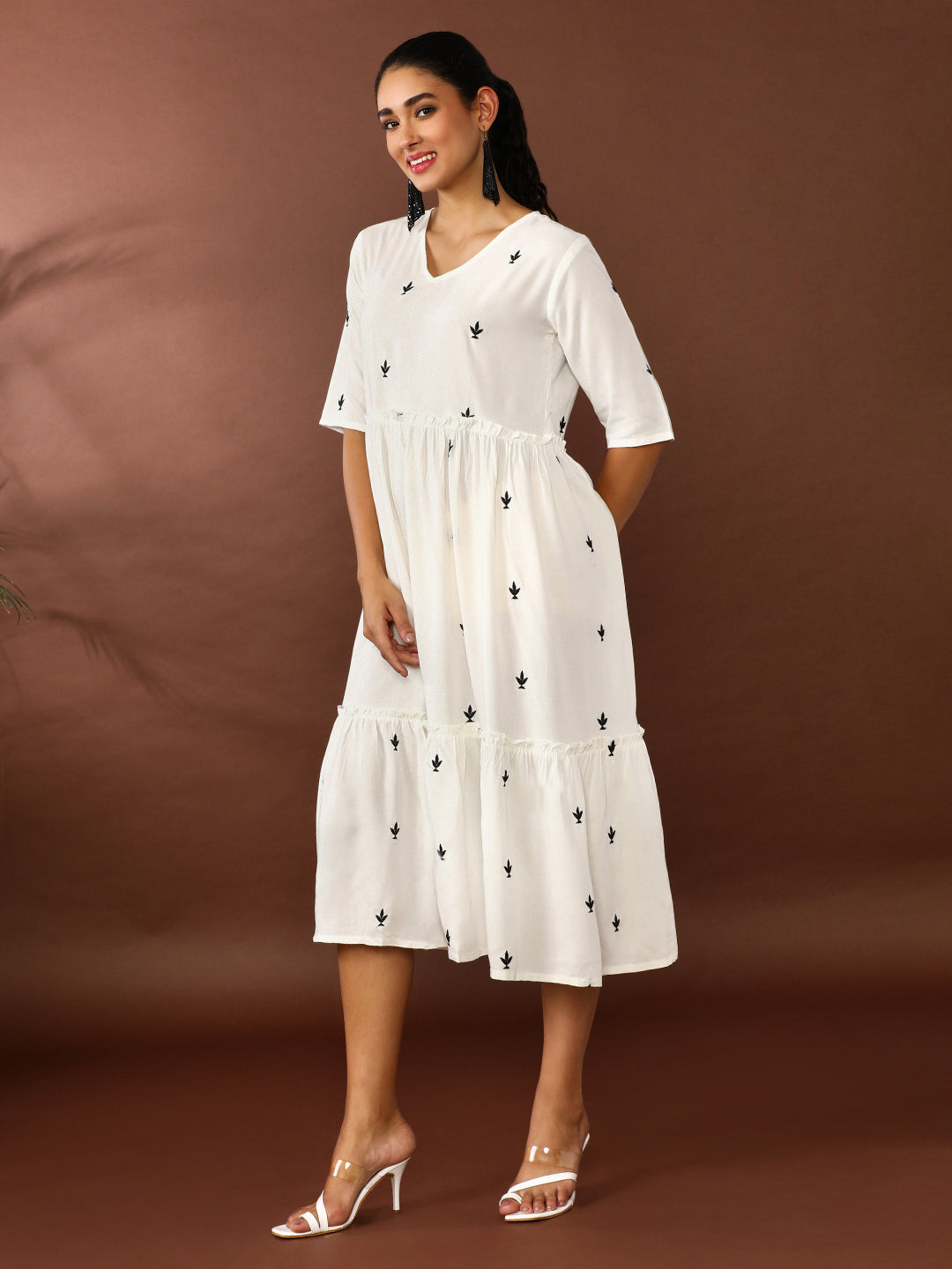Floral Embroidered A-Line Tiered Ethnic Dress