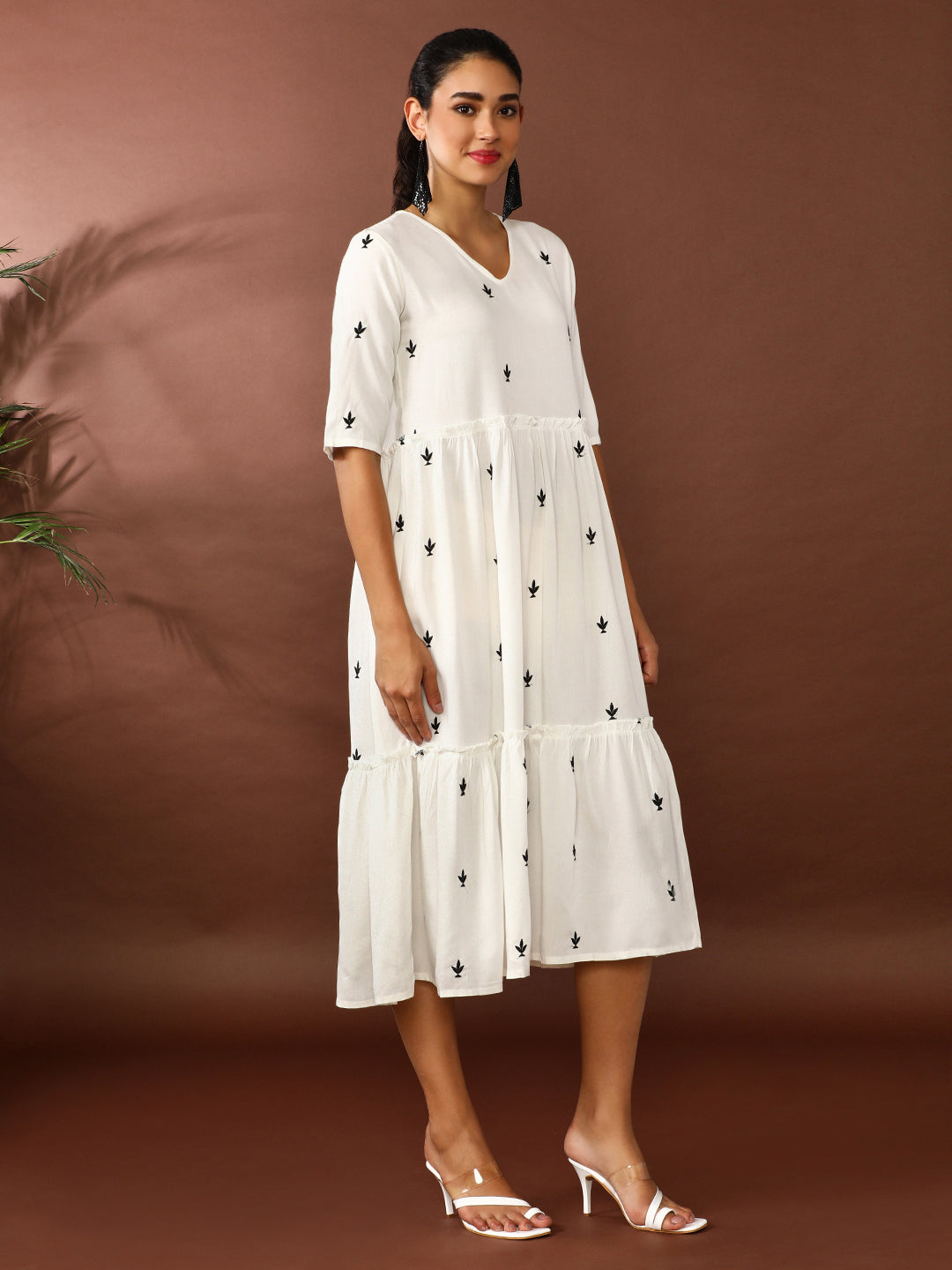 Floral Embroidered A-Line Tiered Ethnic Dress
