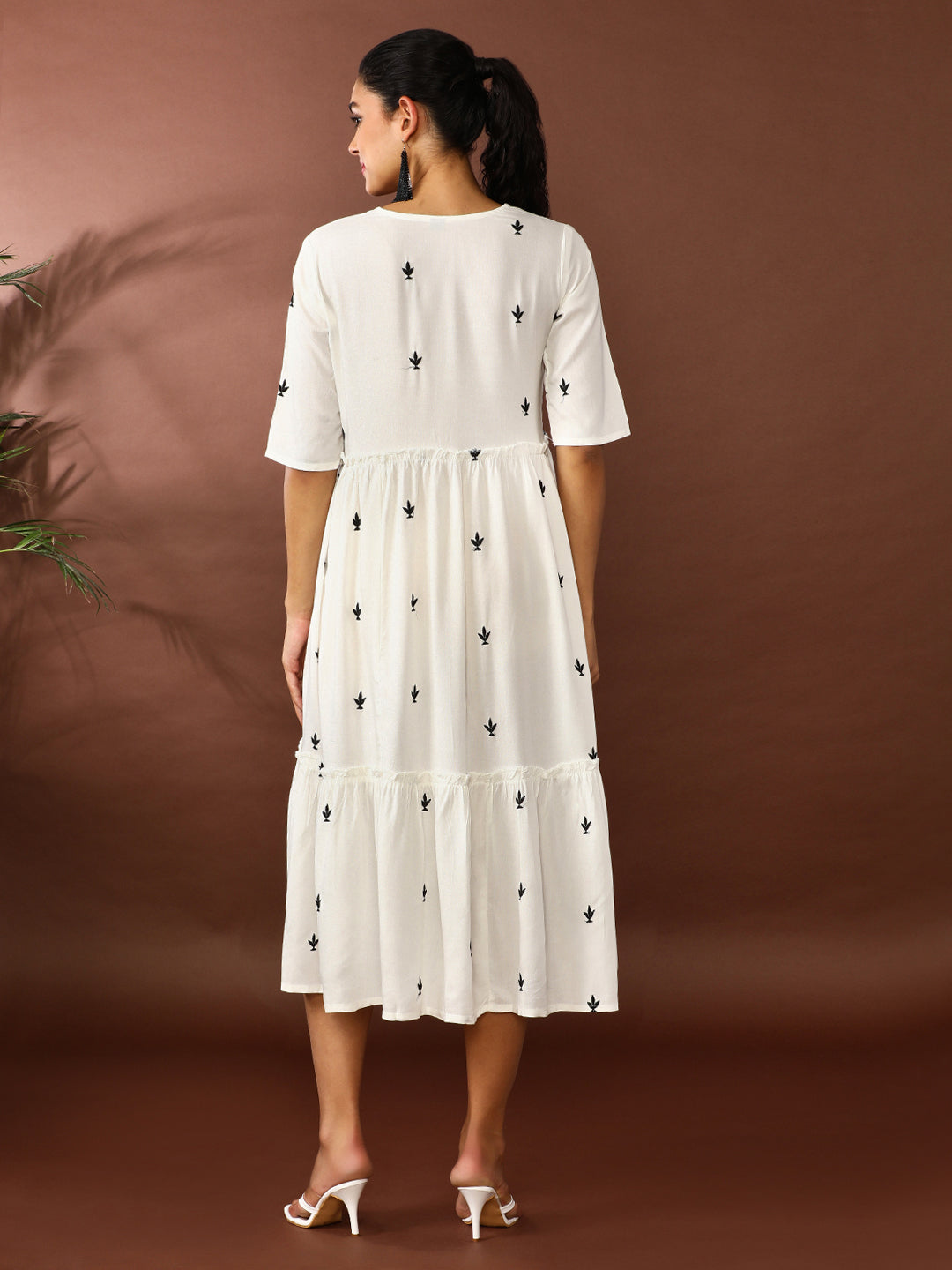 Floral Embroidered A-Line Tiered Ethnic Dress