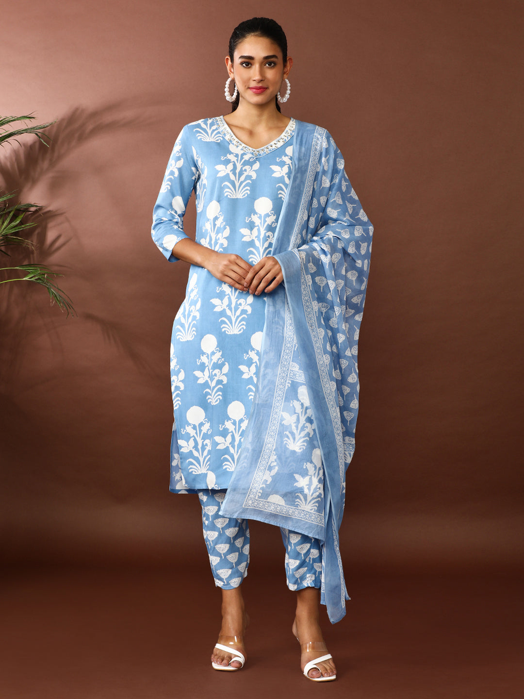 Floral Embroidered Straight Kurta & Trousers Sets