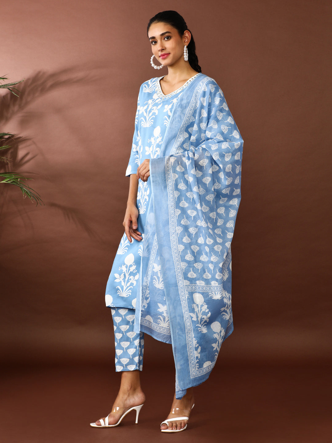 Floral Embroidered Straight Kurta & Trousers Sets