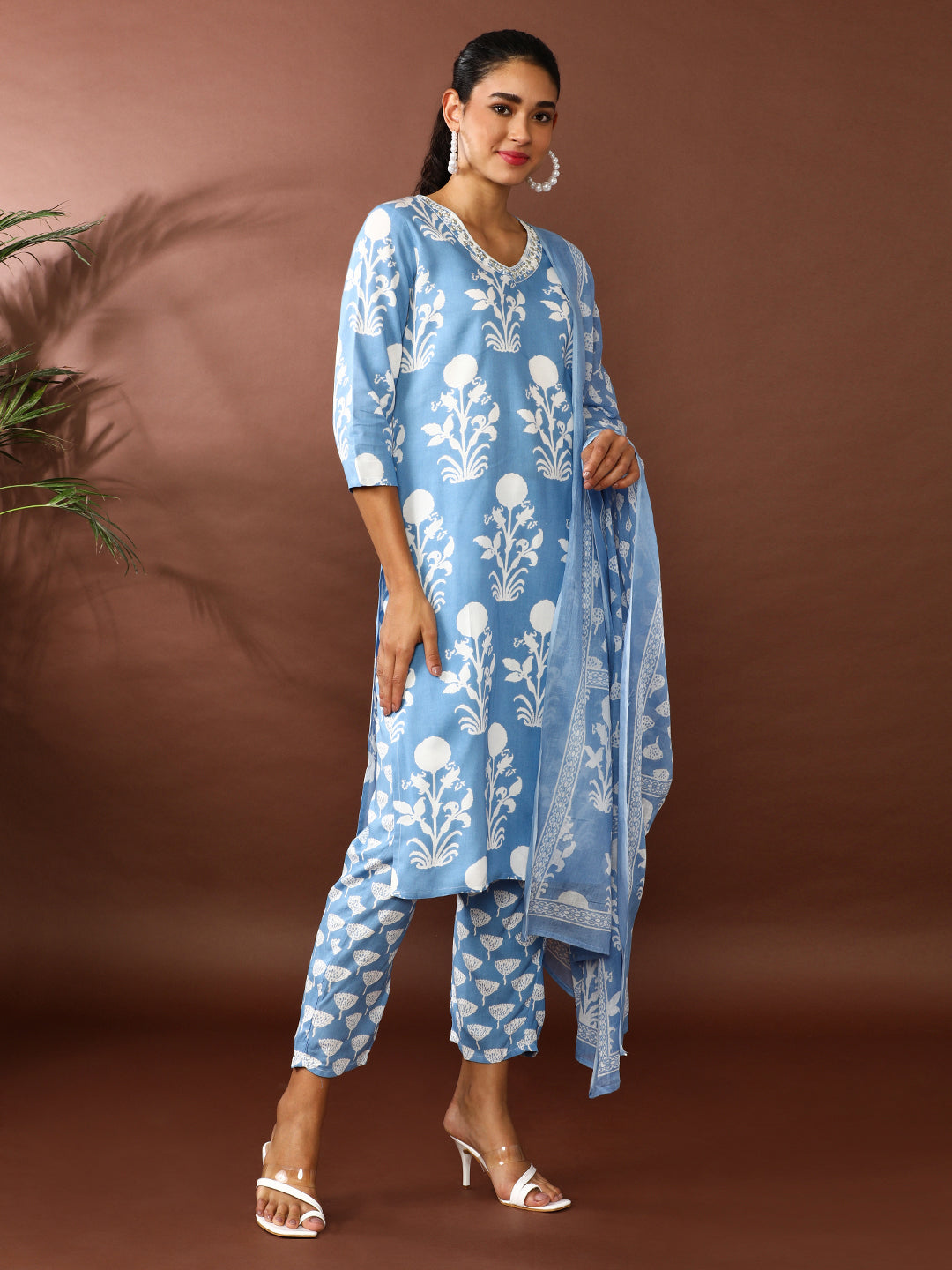 Floral Embroidered Straight Kurta & Trousers Sets