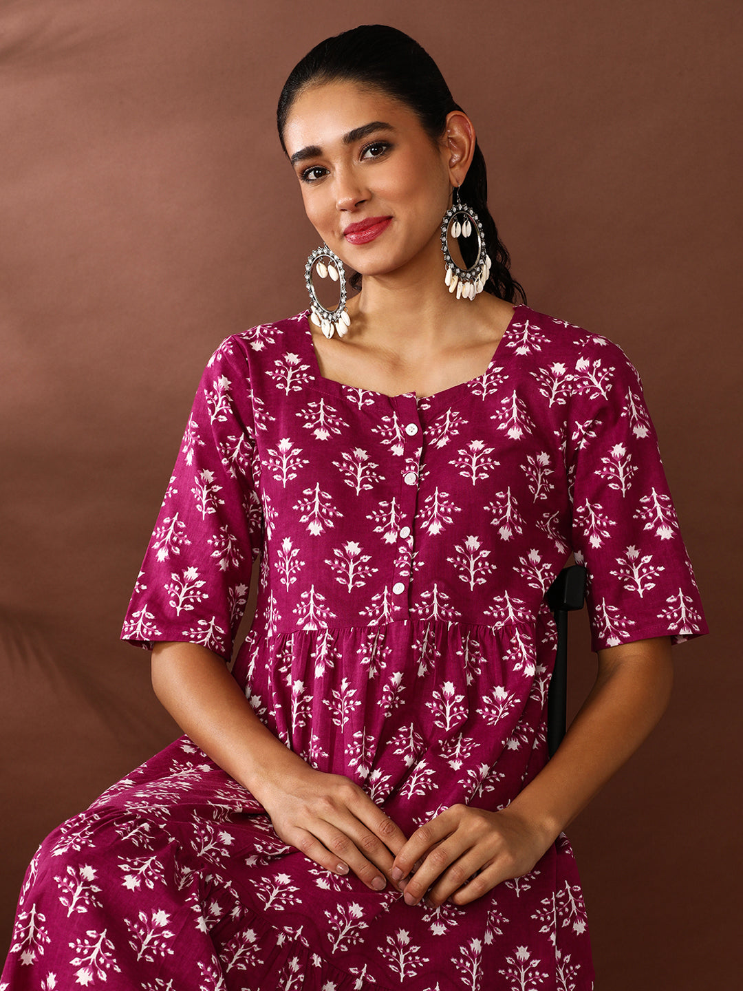 Floral Printed A-Line Tiered Ethnic Dress