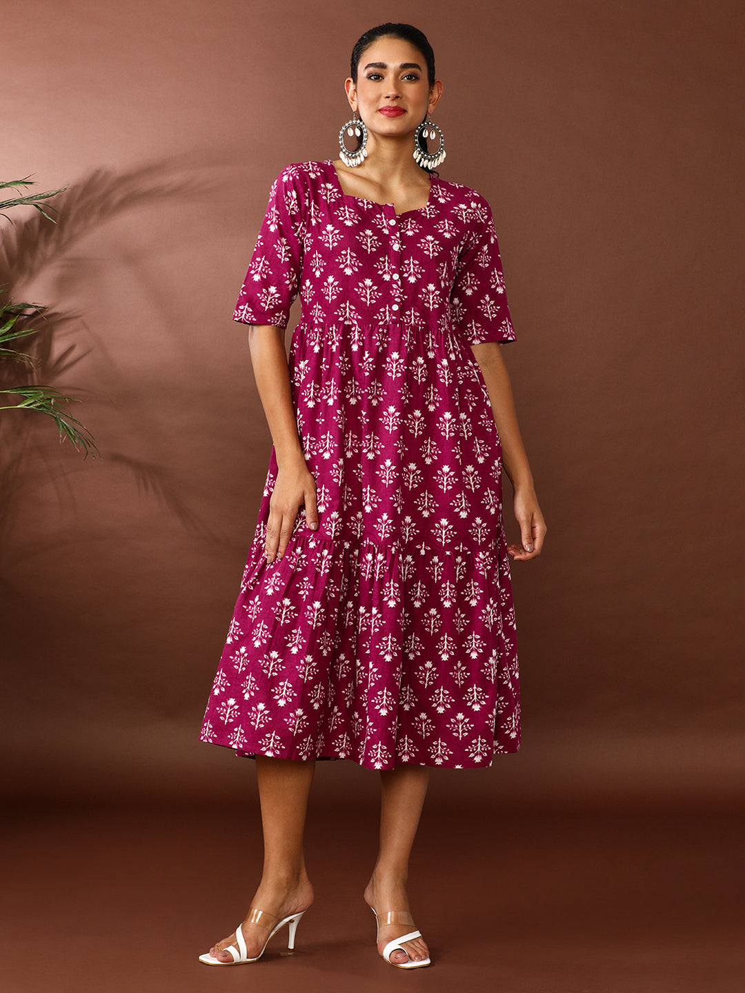 Floral Printed A-Line Tiered Ethnic Dress