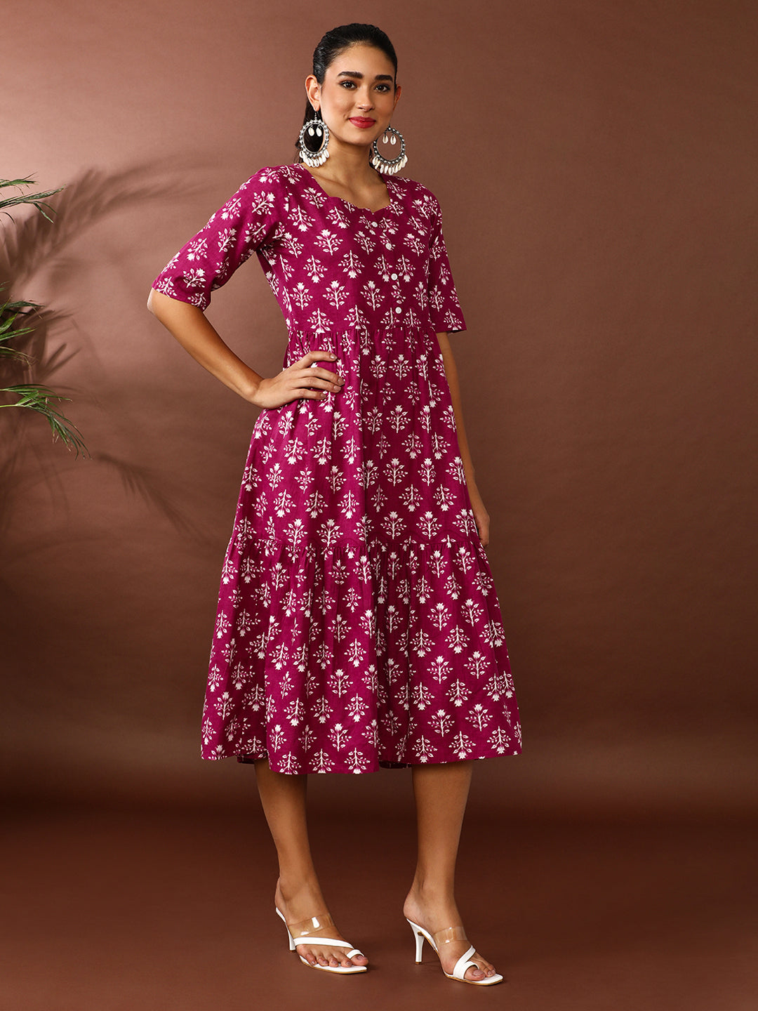 Floral Printed A-Line Tiered Ethnic Dress