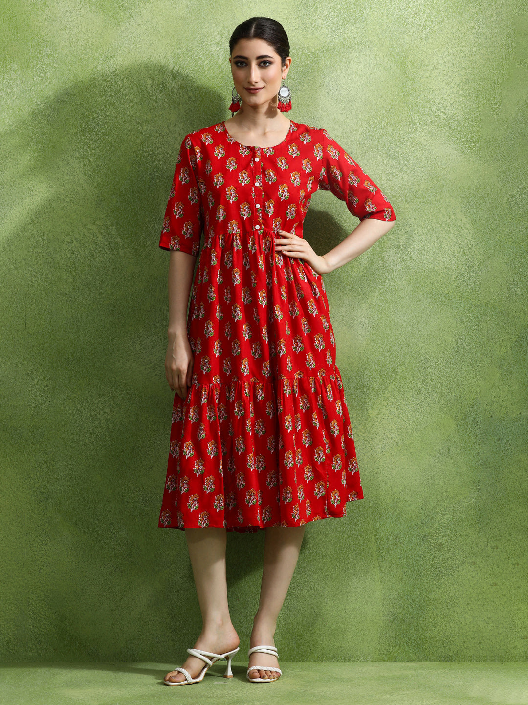 Floral Printed Tiered Ethnic Dress