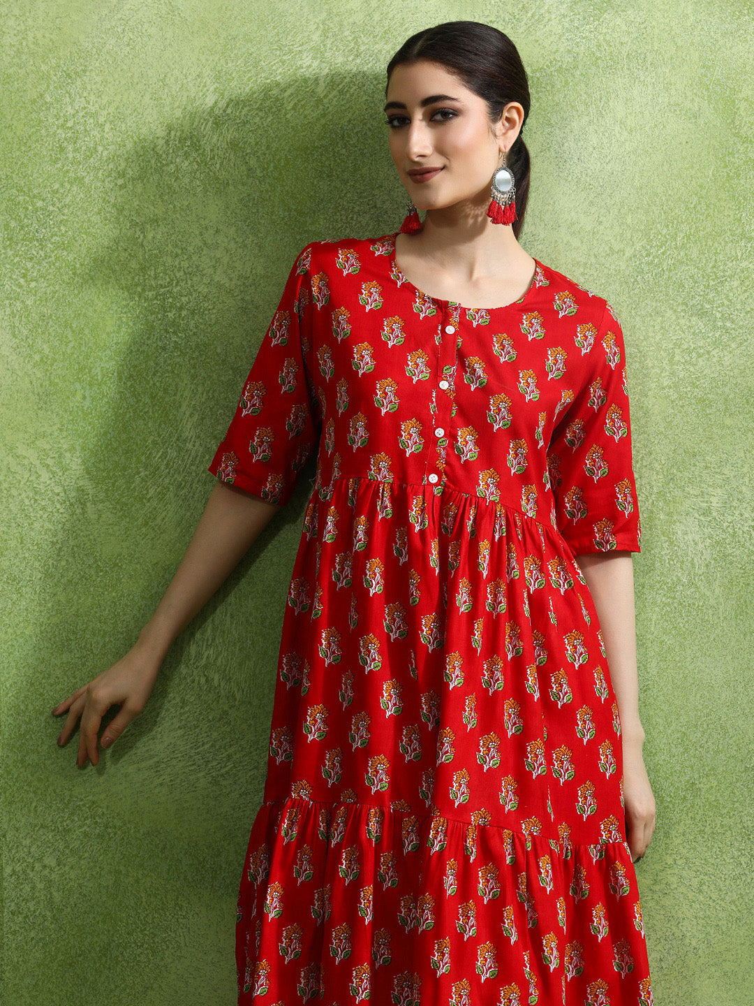 Floral Printed Tiered Ethnic Dress