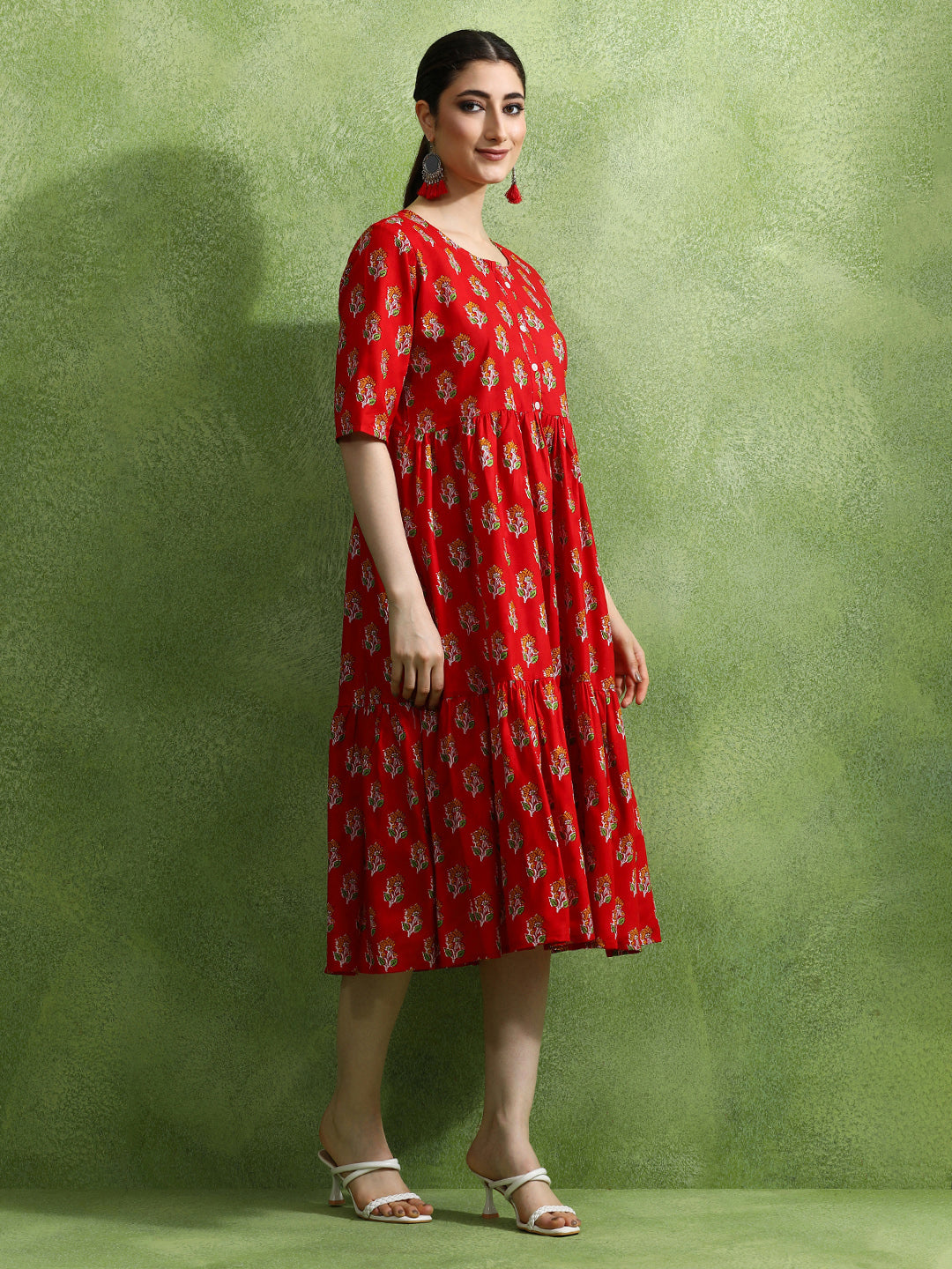 Floral Printed Tiered Ethnic Dress