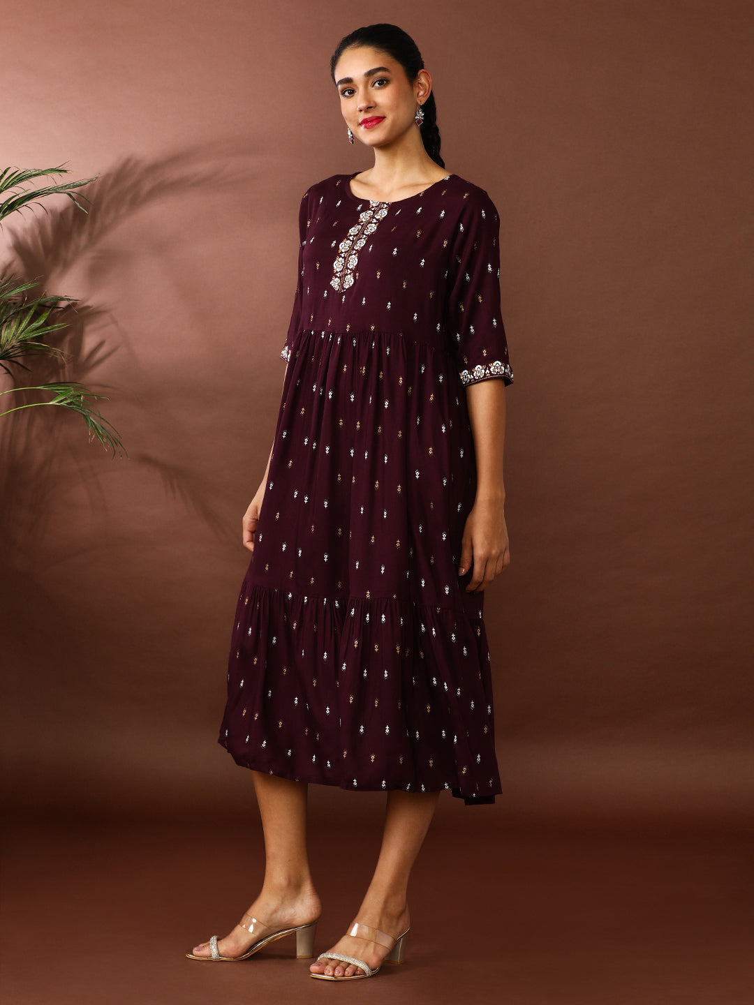 Floral Printed A-Line Tiered Ethnic Dress