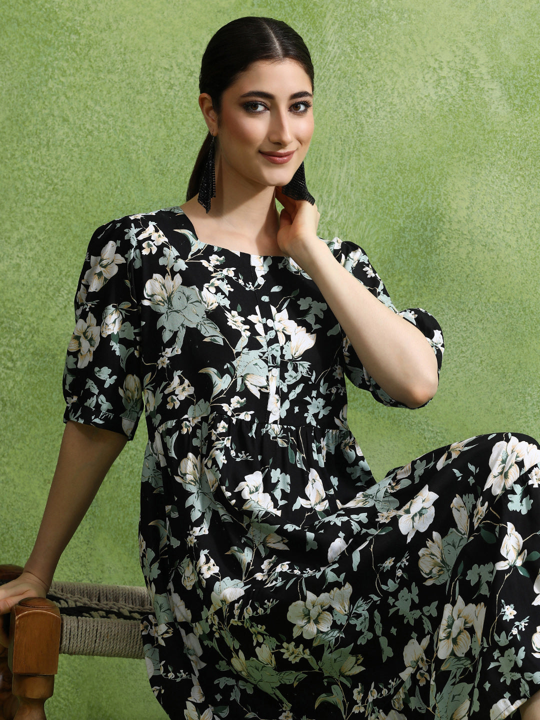 Floral Printed Tiered Ethnic Dress