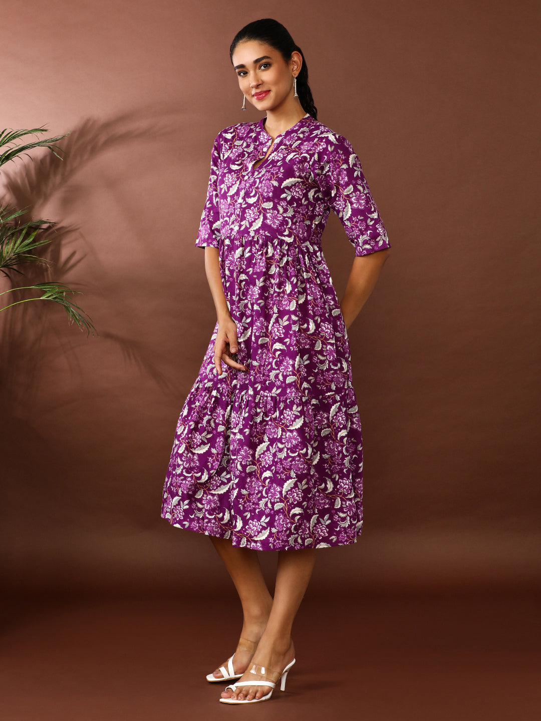 Floral Printed A-Line Panelled Ethnic Dress