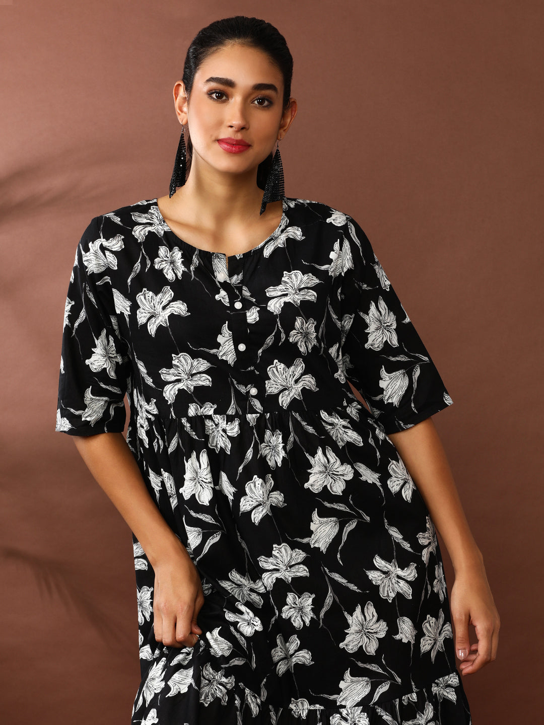 Floral Printed A-Line Tiered Ethnic Dress